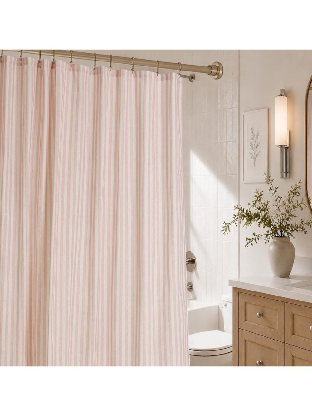 Vintage Pink Striped Shower Curtain 72x72, Rustic Farmhouse Boho Decor